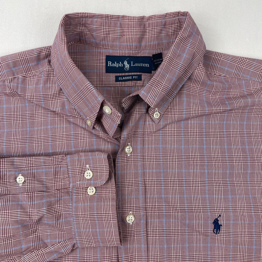 Ralph Lauren Classic Fit Glen Plaid Button Down Shirt Burgundy Blue XL‎ 17.5